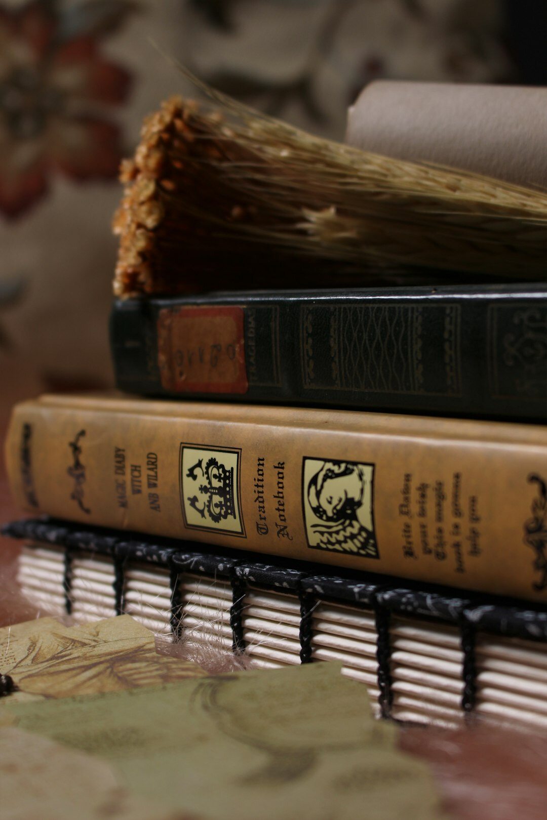 old books stacked on table