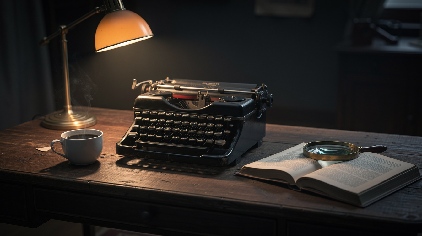 Moody writer's desk with a typewriter, magnifying glass and an open detective novel under lamplight